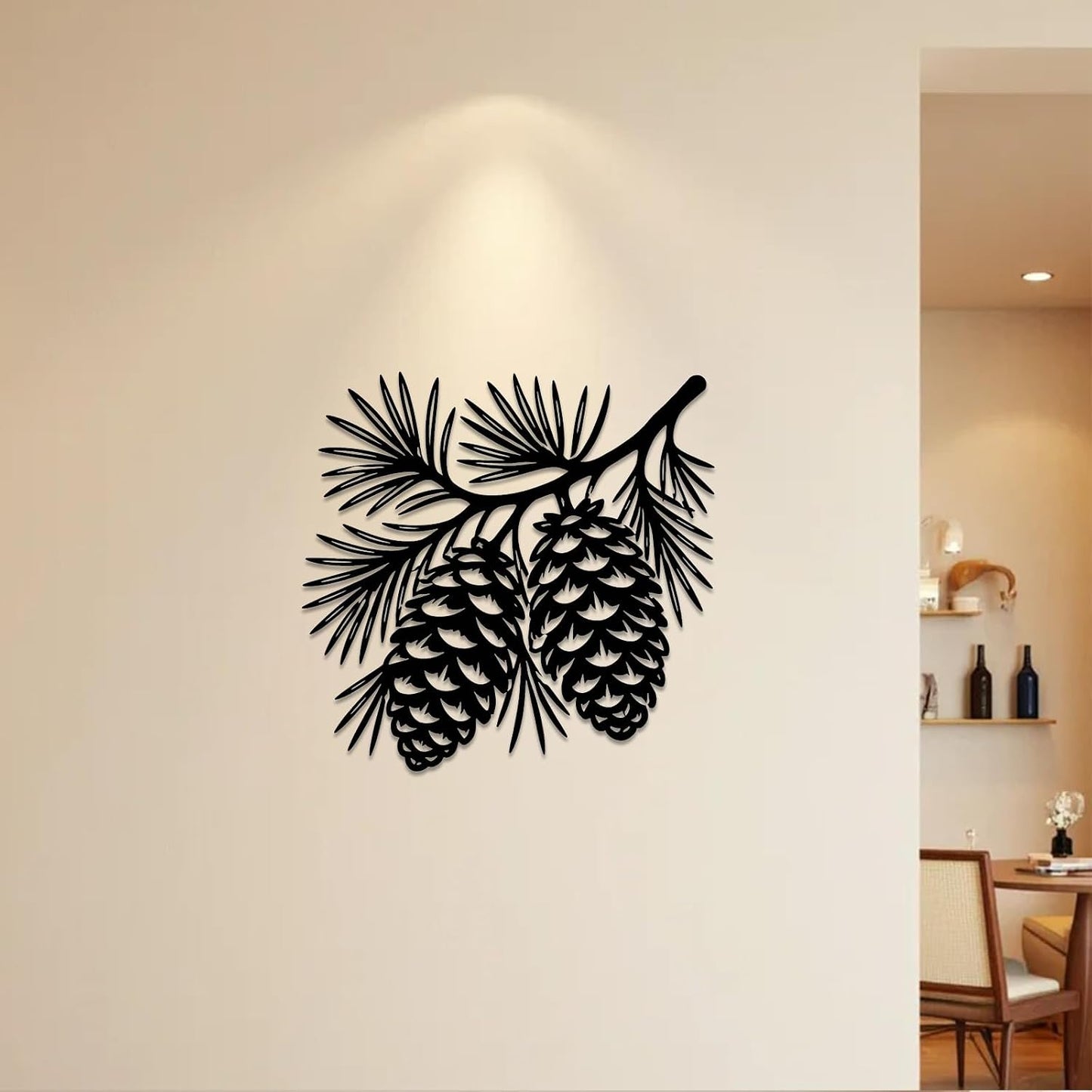 Pine Cones Branch Metal Wall Art Metal Outdoor Decor Metal Signs Wall Art Decor Rustic Farmhouse Artwork Metal Sculpture Stunning Home Decoration for Living Room Bedroom Apartment Office Garden (Black,12 Inches)