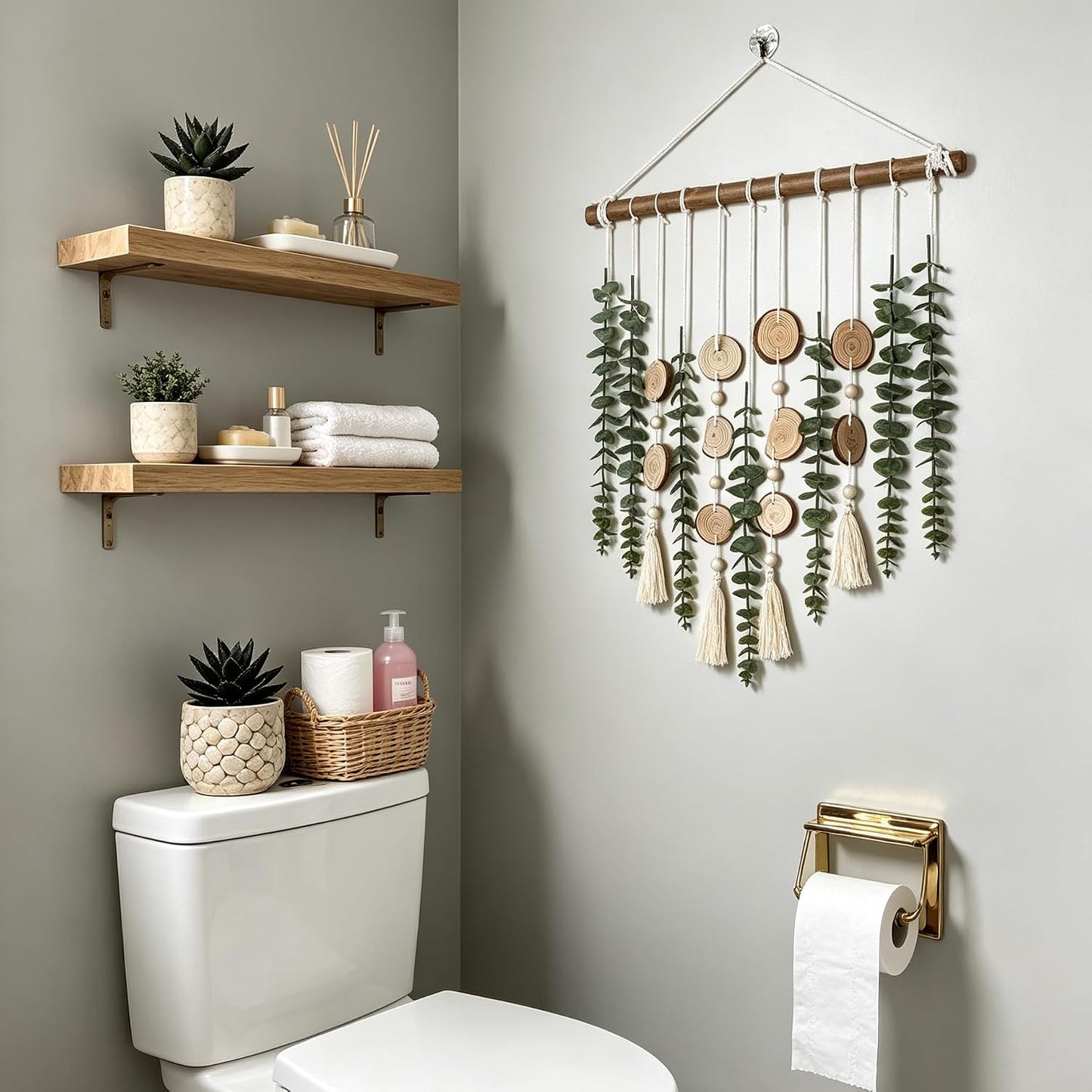 Artificial Eucalyptus Wall Decor Fake Greenery Leaves Stems Wall Hanging Plants on 16.5 inch Wooden Stick Boho Rustic Farmhouse Decor for Bedroom Kitchen Dining Room Bathroom