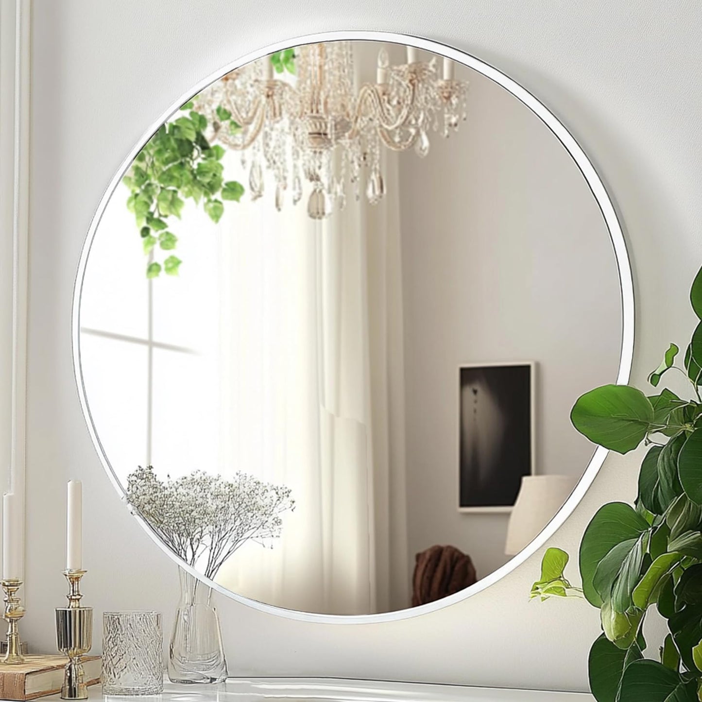 Round Mirror 30 inch, Circle Black Mirror, Matte Black Metal Frame