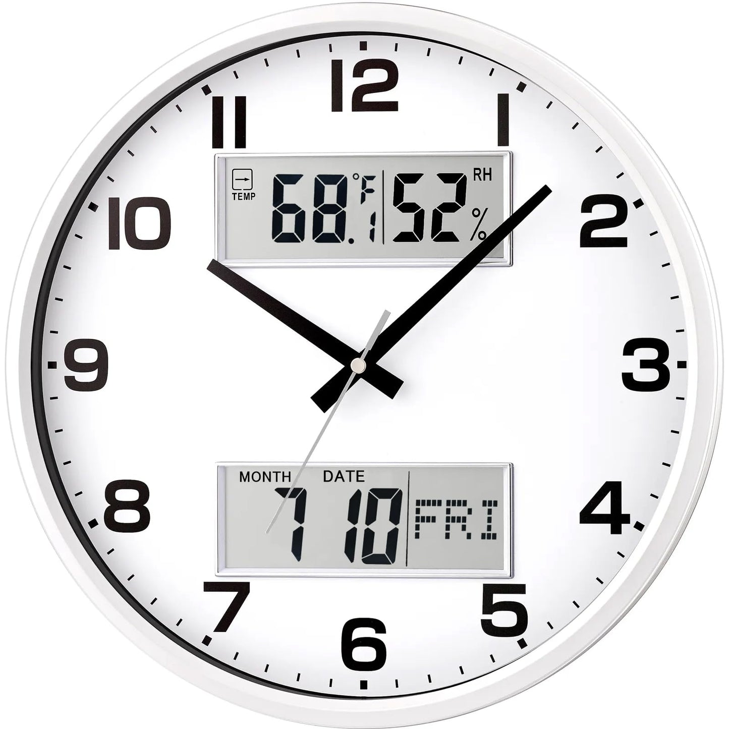 13" White Battery Powered Silent Wall Clock with Calendar Temperature and Humidity H-7326
