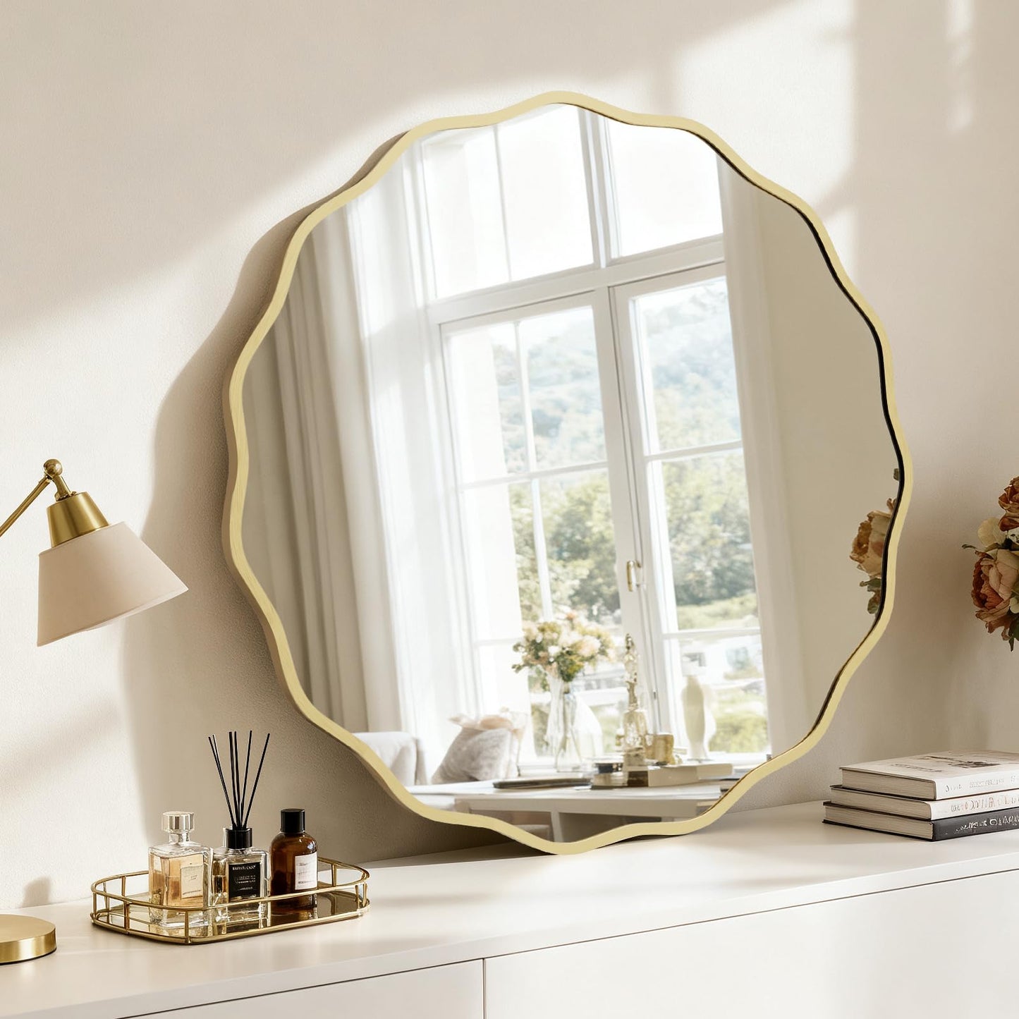HOMECOOKIN 24" Wavy Round Wall Mirror, Gold Scalloped Circle Mirror Edge Round with Metal Frame, Modern Decorative Hanging/Leaning Mirrors for Bathroom, Hotels, Hallway, Entryway, Vanity, Office