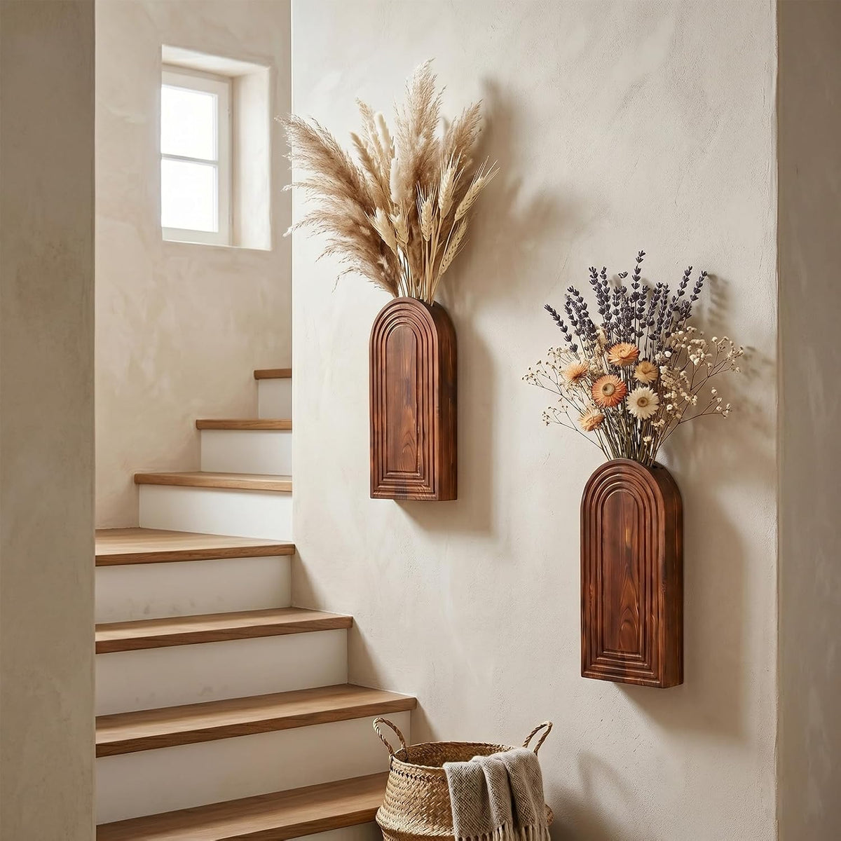 2 Pack Wooden Wall Vase Set, YOPIKUU Brown Boho Hanging Wall Planter Vase
