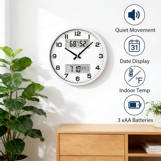 13" White Battery Powered Silent Wall Clock with Calendar Temperature and Humidity H-7326