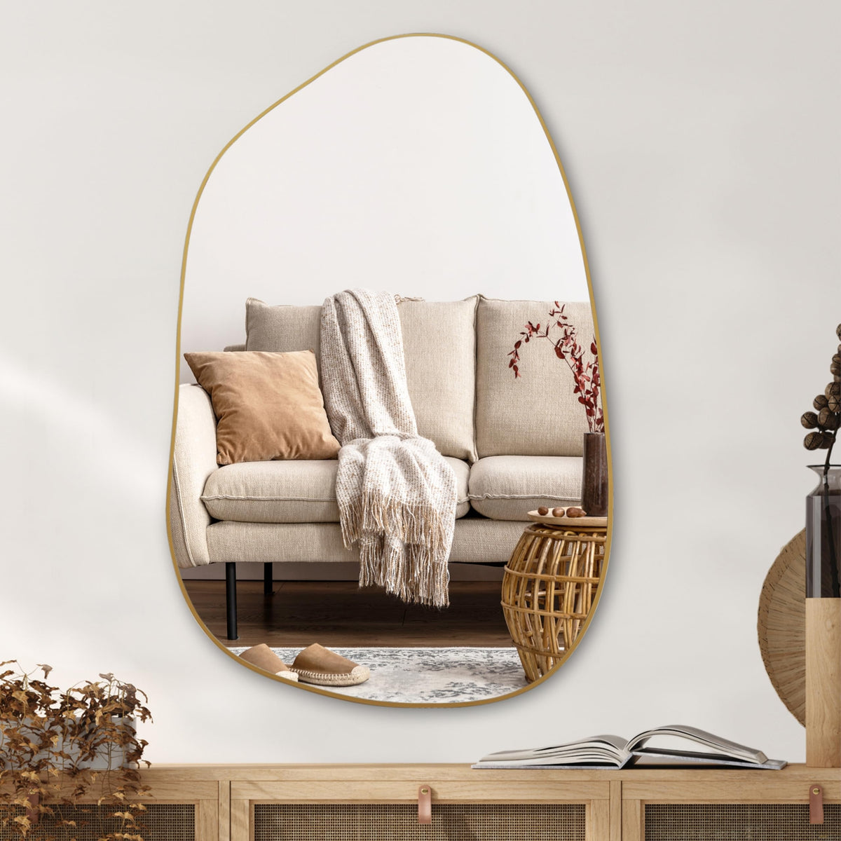 PERFNIQUE Irregular Asymmetrical Wall Mirror, 32"x24" Gold Bathroom Mirror