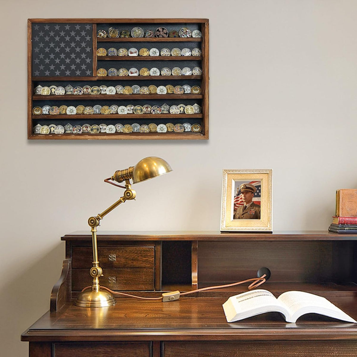 Challenge Coin Display Case, 27.6" x 18.3" Lockable Coin Holder Cabinet