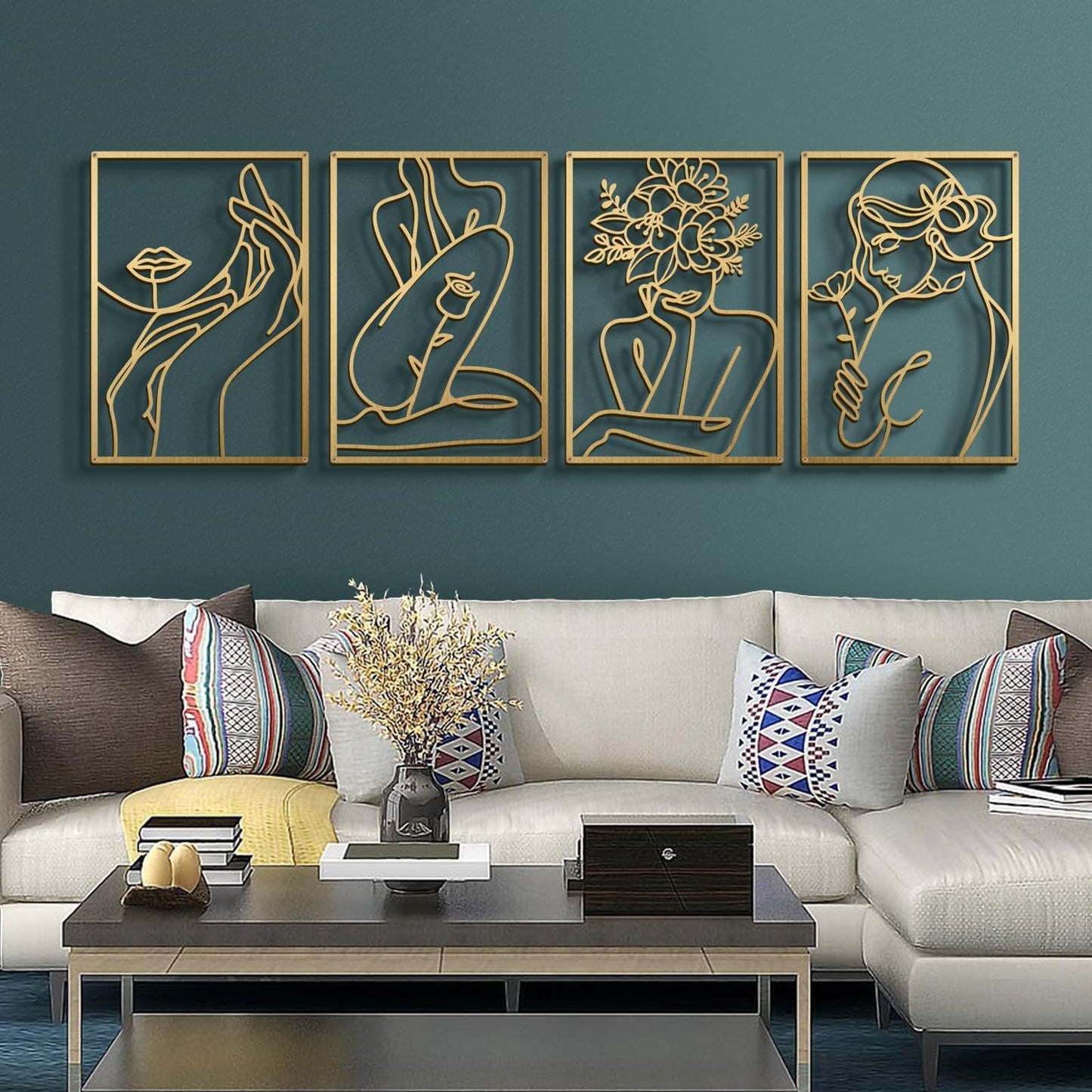Gold Metal Abstract Wall Art, Floral Minimalist Line Decor For Bedroom