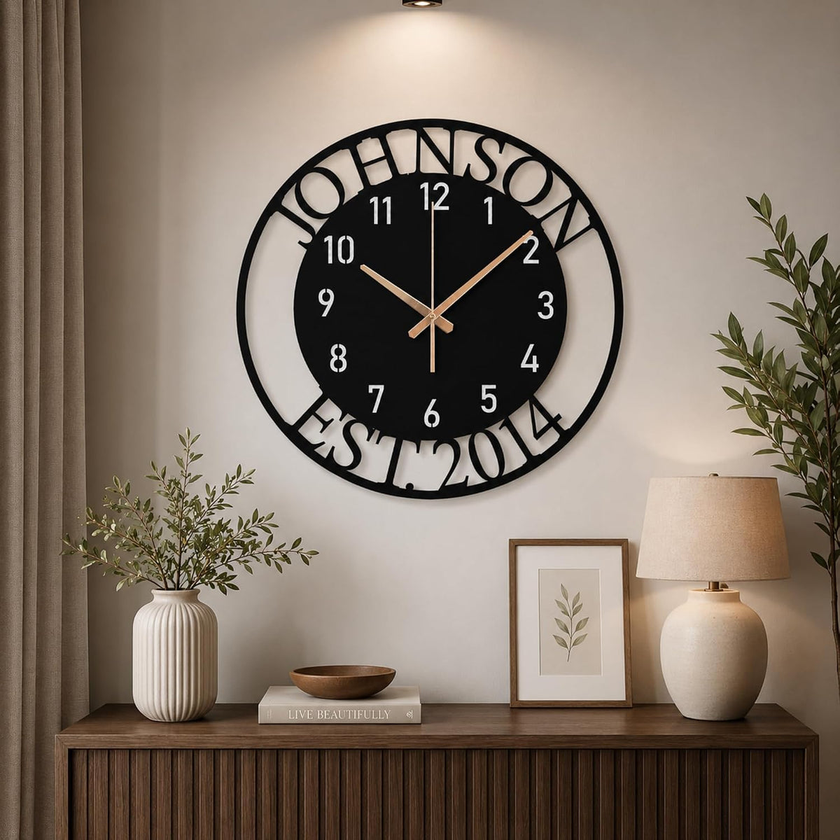 Custom Large Metal Wall Clock, Personalized Last Name and Established Year, Silent Non-Ticking Steel Clock, Family Decor for Living Room, Wedding, Anniversary or Housewarming Gift