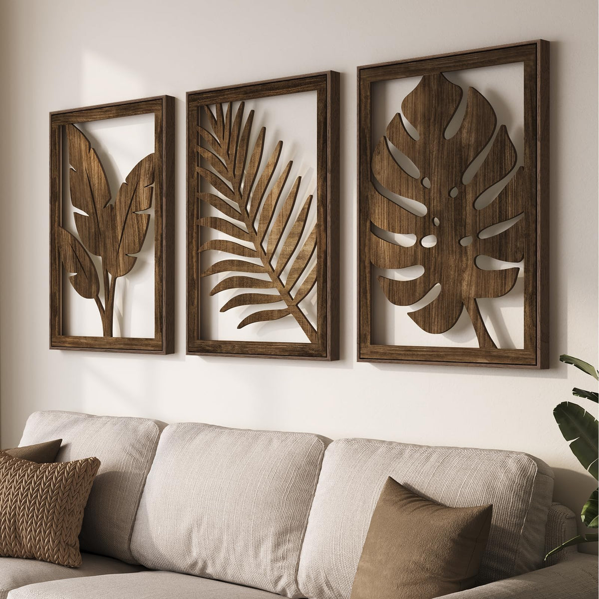 Framed Boho Cutout Carved Wood Wall Art Decor for Living Room, 24x36 Inch
