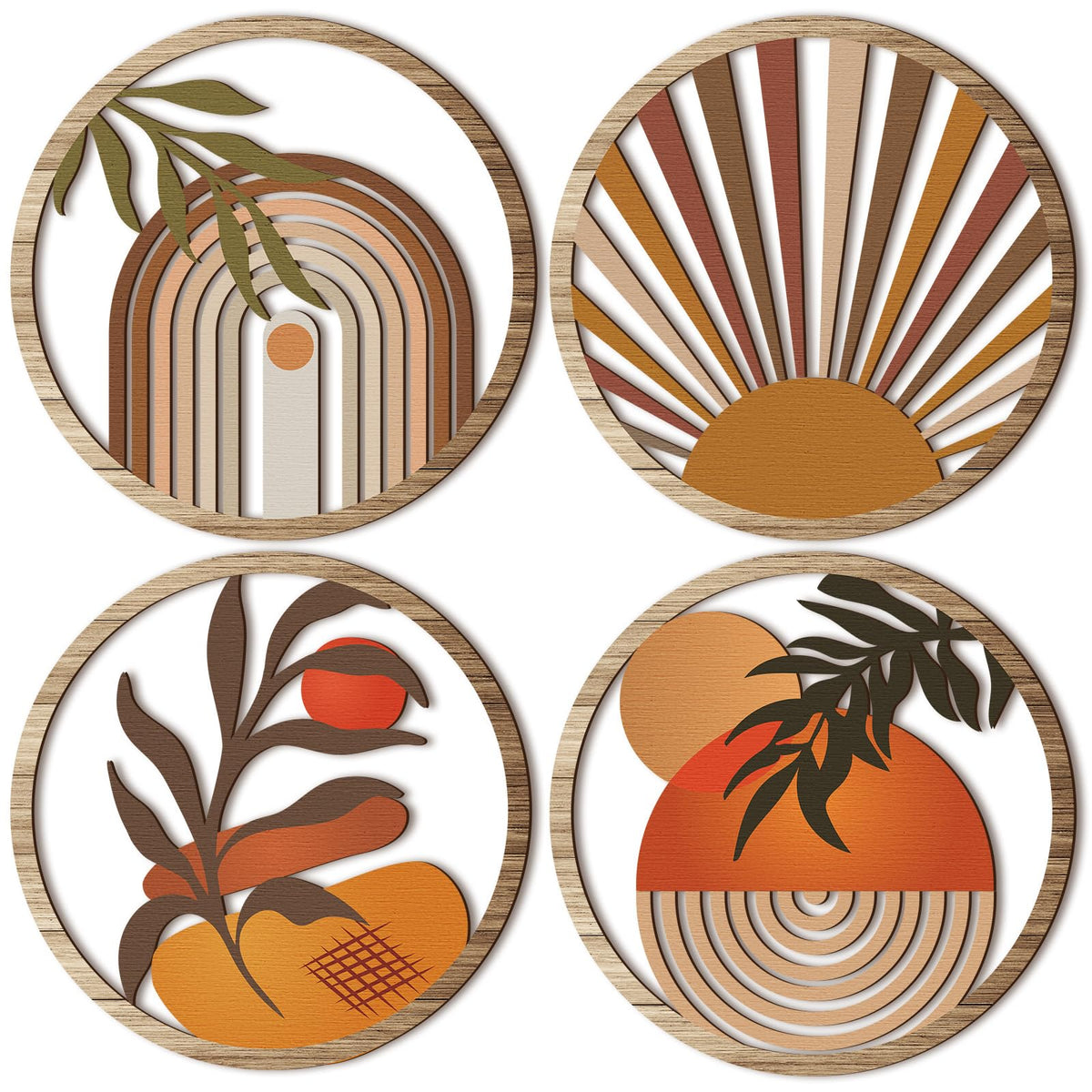 Qunclay 4 Pcs Boho Wall Art Bohemian Wood Round Circle Wall Decor Stylish