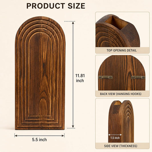 2 Pack Wooden Wall Vase Set, YOPIKUU Brown Boho Hanging Wall Planter Vase