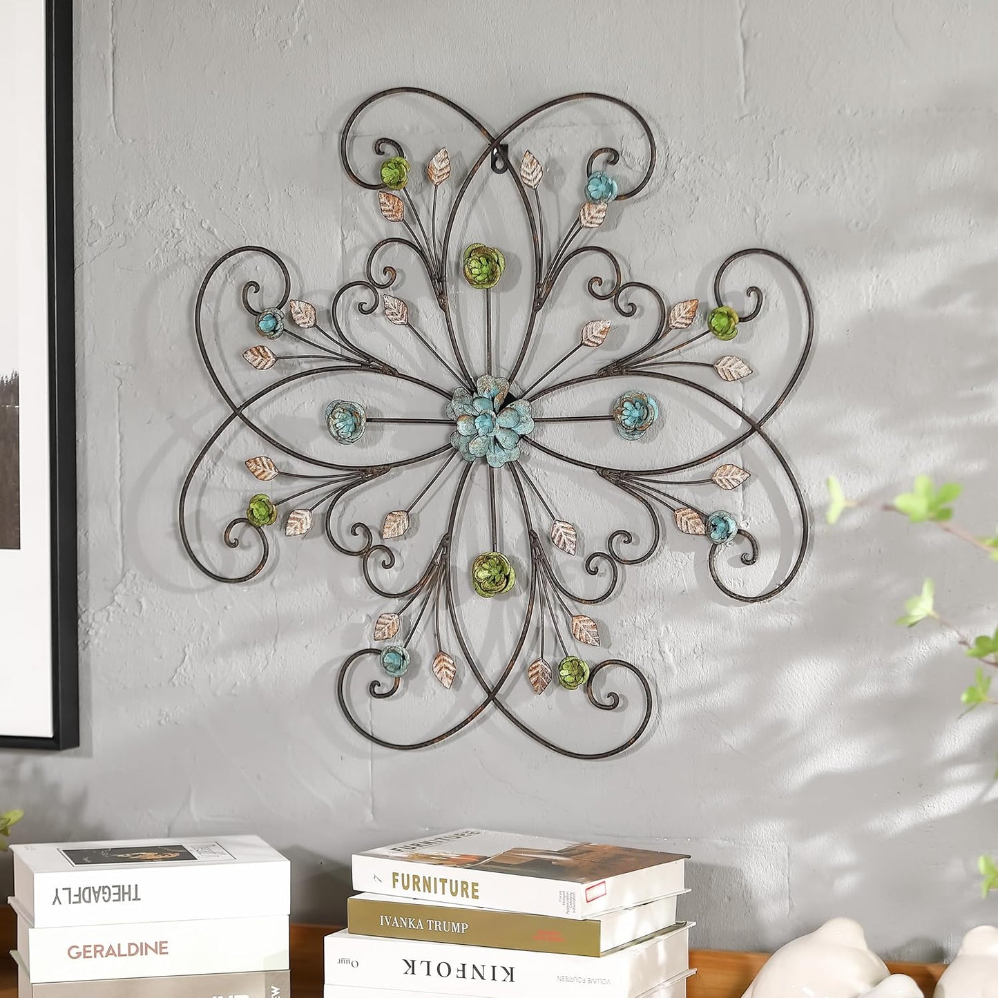 Phaxth 24" Metal Flower Wall Art Decor with Rust Leaf, Large Scroll Outdoor Wall Art Decor