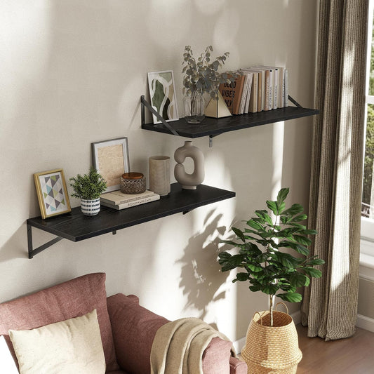 Acovy Deep Floating Shelves Wall Mounted, 36"x12" Black Wall Shelves with Brackets Set of 2 for Bedroom, Living Room, Bathroom, Kitchen, Office - Storage & Display Shelf for Decor, Books, Plants