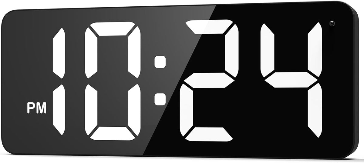 LED Digital Wall Clock with Large Display, Big Digits, Auto-Dimming, 12/24Hr Format, Modern Electric Small Silent Wall Clock for Living Room, Bedroom, Classroom, Farmhouse, Kitchen, Office - White