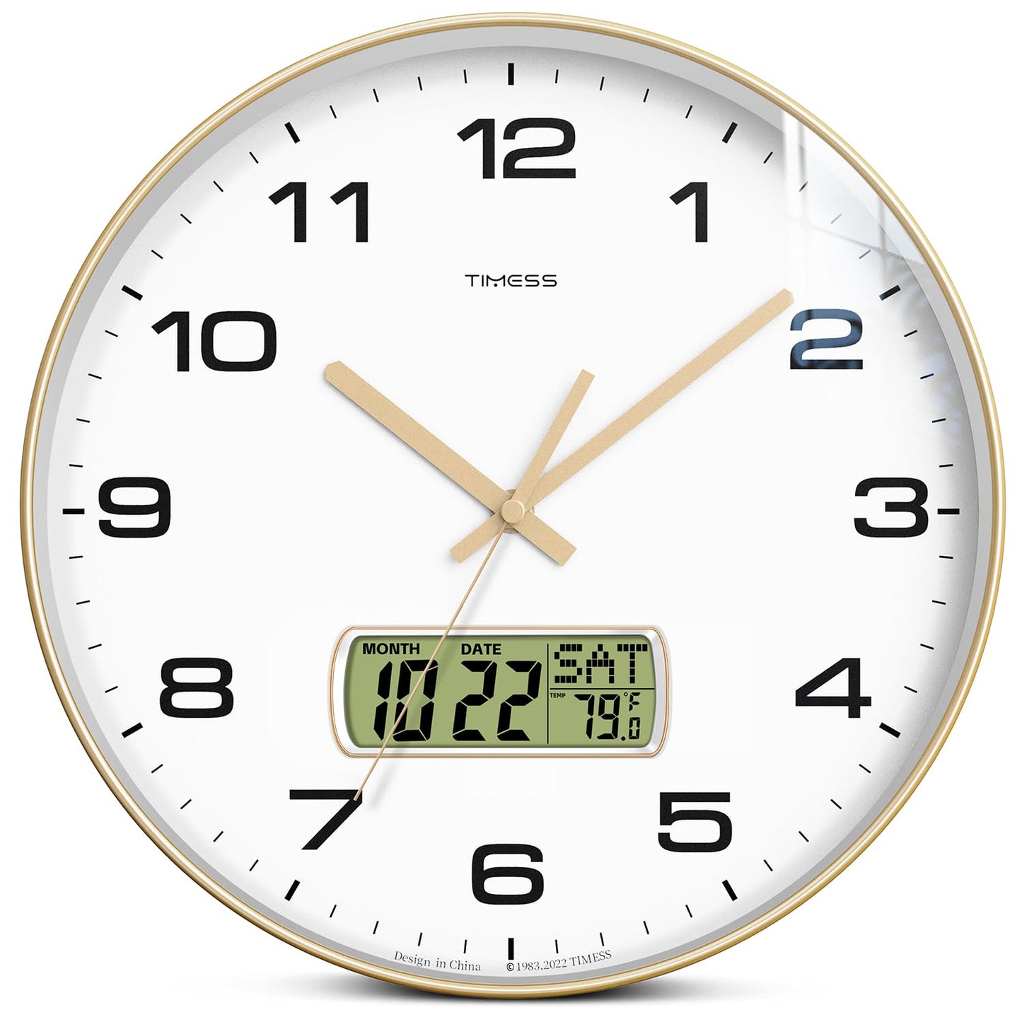 TIMESS Wall Clock, 10" Dial Non-Ticking Silent Battery Operated Analog with LCD Display for Perpetual Calendar and F° Temperature, Ideal Modern Home, Bedroom, Kitchen, Office Decor (Black)