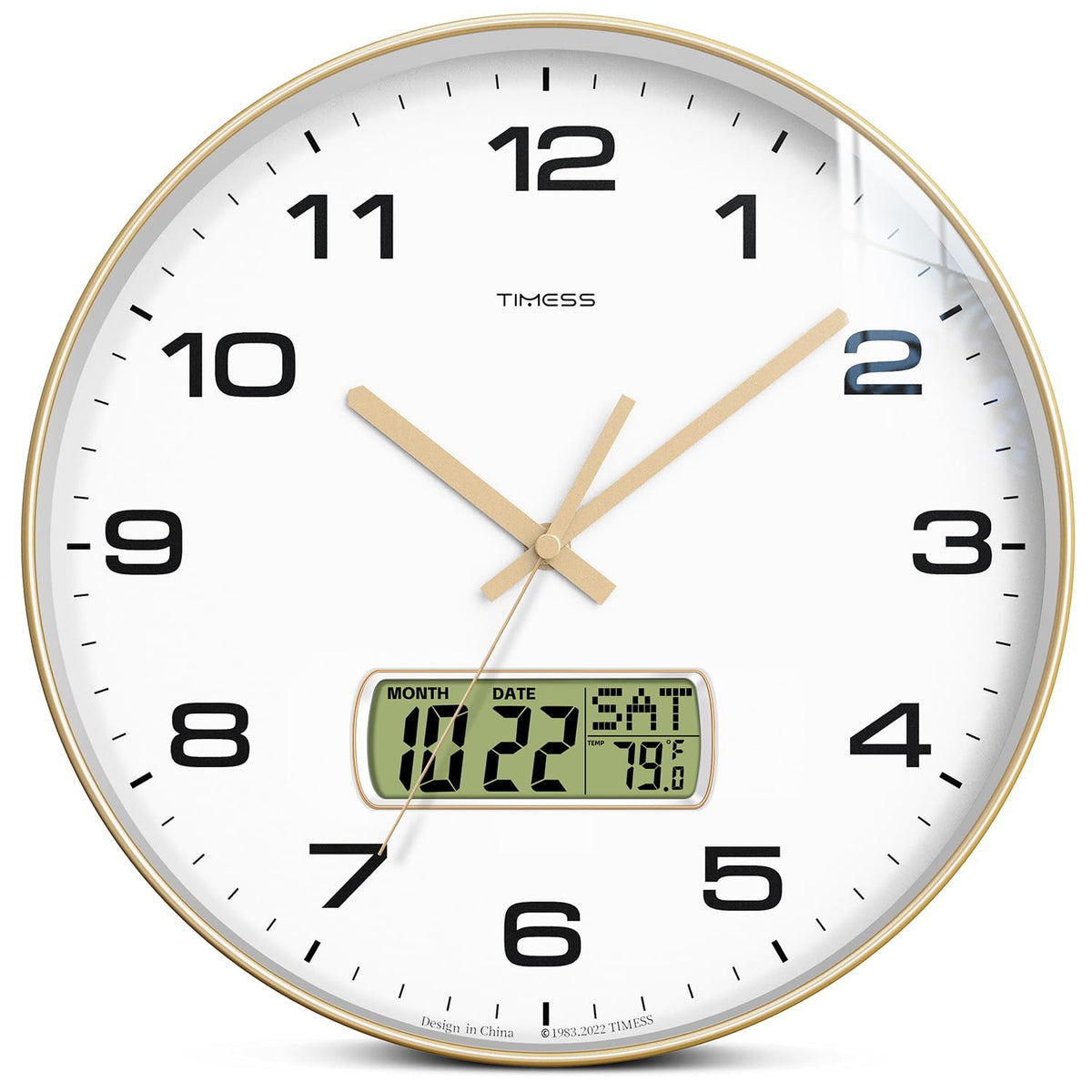 TIMESS 10-Inch Non-Ticking Analog Wall Clock with LCD Display, Blue