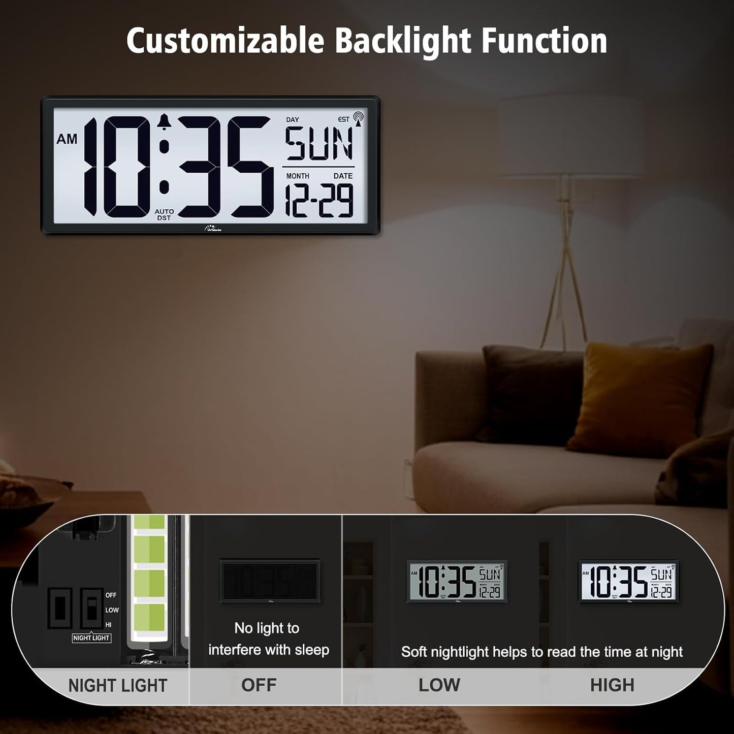 WallarGe 14.5'' Atomic Digital Wall Clock Battery Operated with Backlight