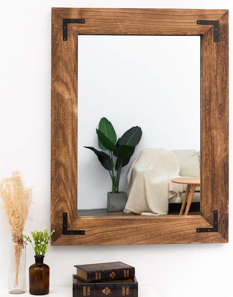 YOSHOOT Rustic Wooden Framed Wall Mirror, Natural Wood Bathroom Vanity Mirror for Farmhouse Decor, Vertical or Horizontal Hanging (26" x 18", Brown)