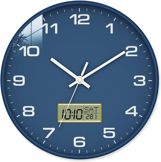 12 Inch Wall Clock, Silent Non-Ticking Analog with LCD Display, Battery Operated, Perpetual Calendar, Date, Weekday & Temperature (°C/°F), Tempered Glass for Living Room, Bedroom, Kitchen, Office