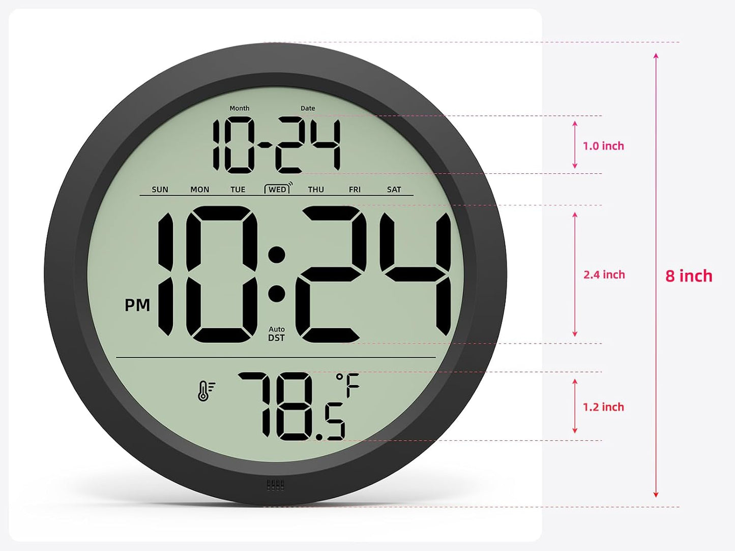 Digital Wall Clock Battery-Operated, 8 Inch Small Decorative Modern Wall Clock with Date, Temperature, Auto-DST, Silent Electric Wall Clock for Bedroom, Living Room, Kitchen, Office, Farmhouse -Black