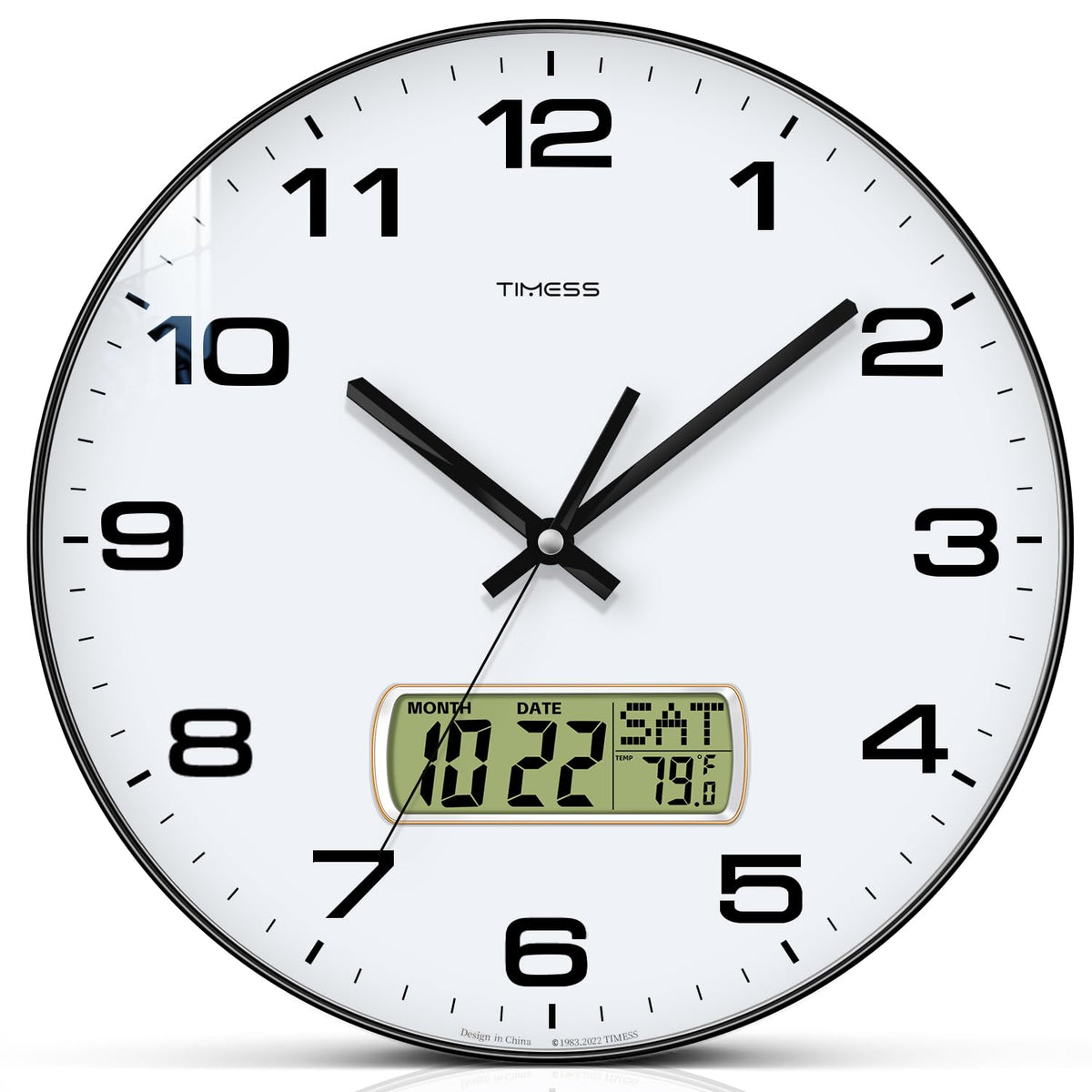 TIMESS Wall Clock, 10" Dial Non-Ticking Silent Battery Operated Analog with LCD Display for Perpetual Calendar and F° Temperature, Ideal Modern Home, Bedroom, Kitchen, Office Decor (Black)