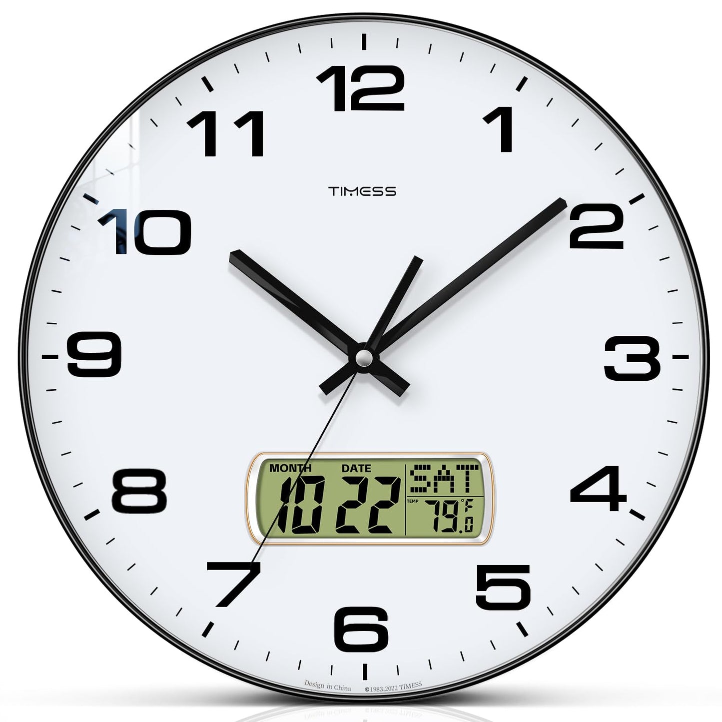TIMESS 10-Inch Non-Ticking Analog Wall Clock with LCD Display, Blue