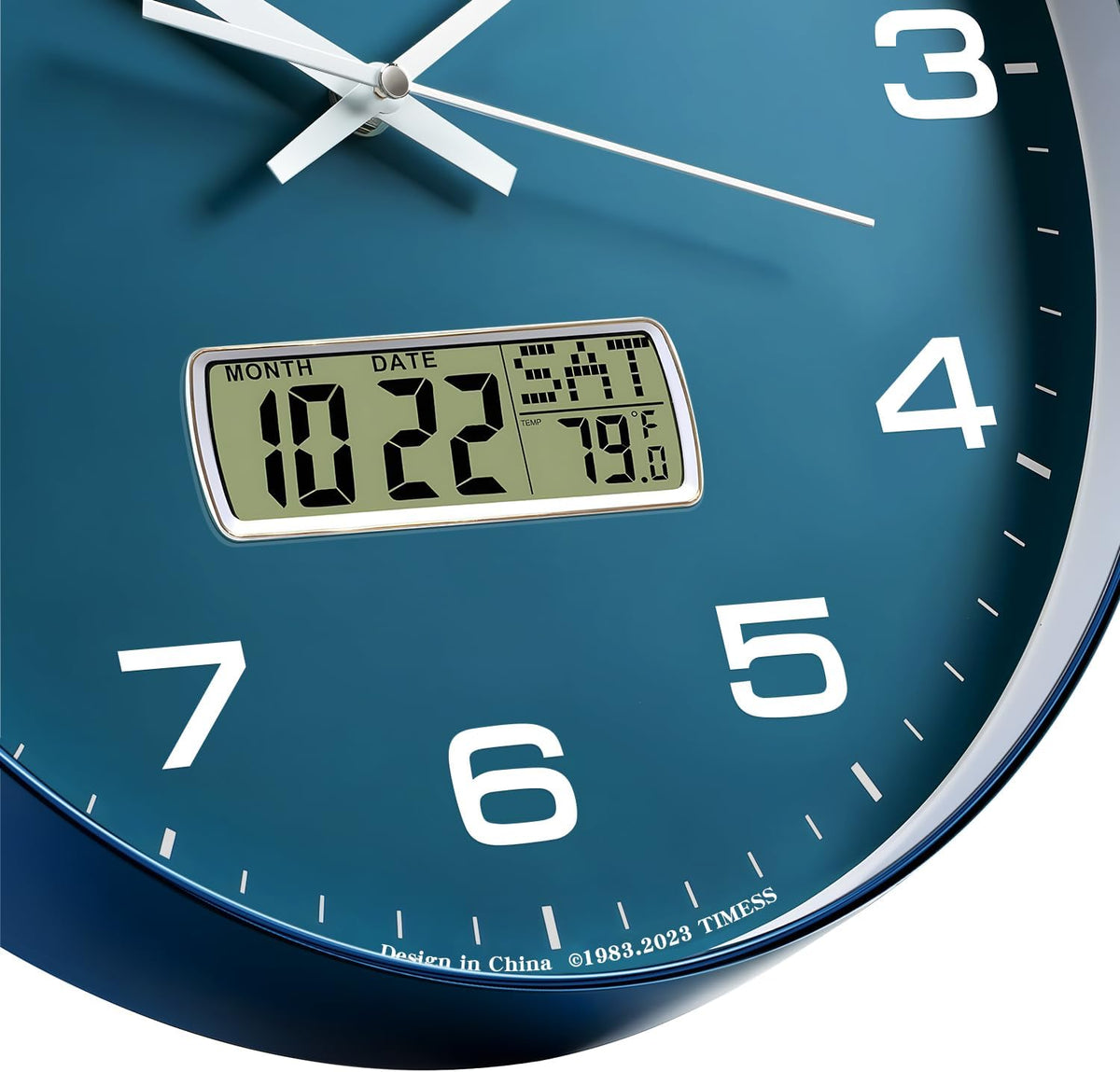 TIMESS 10-Inch Non-Ticking Analog Wall Clock with LCD Display, Blue