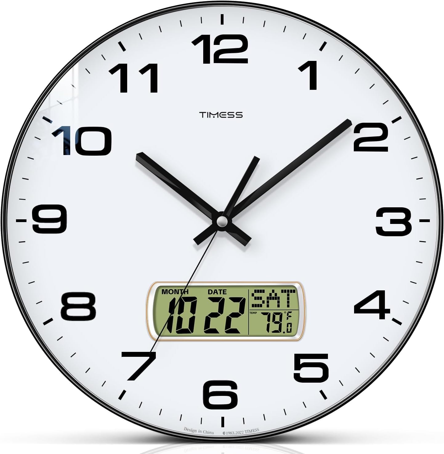 TIMESS Wall Clock, 10" Dial Non-Ticking Silent Battery Operated Analog with LCD Display for Perpetual Calendar and F° Temperature, Ideal Modern Home, Bedroom, Kitchen, Office Decor (Black)