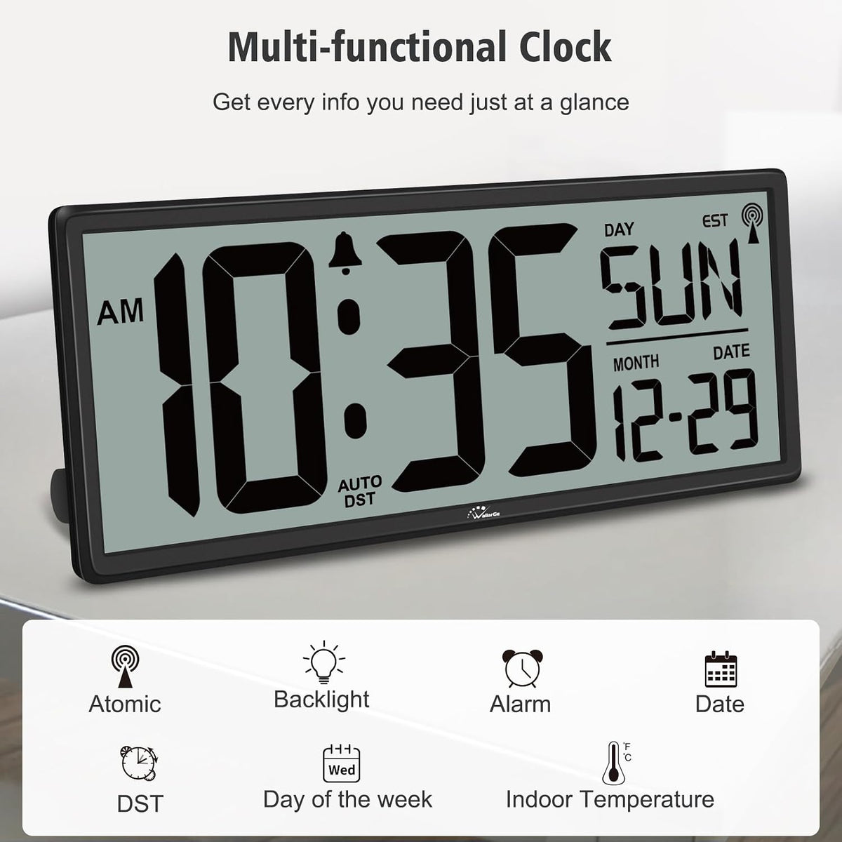 WallarGe 14.5'' Atomic Digital Wall Clock Battery Operated with Backlight