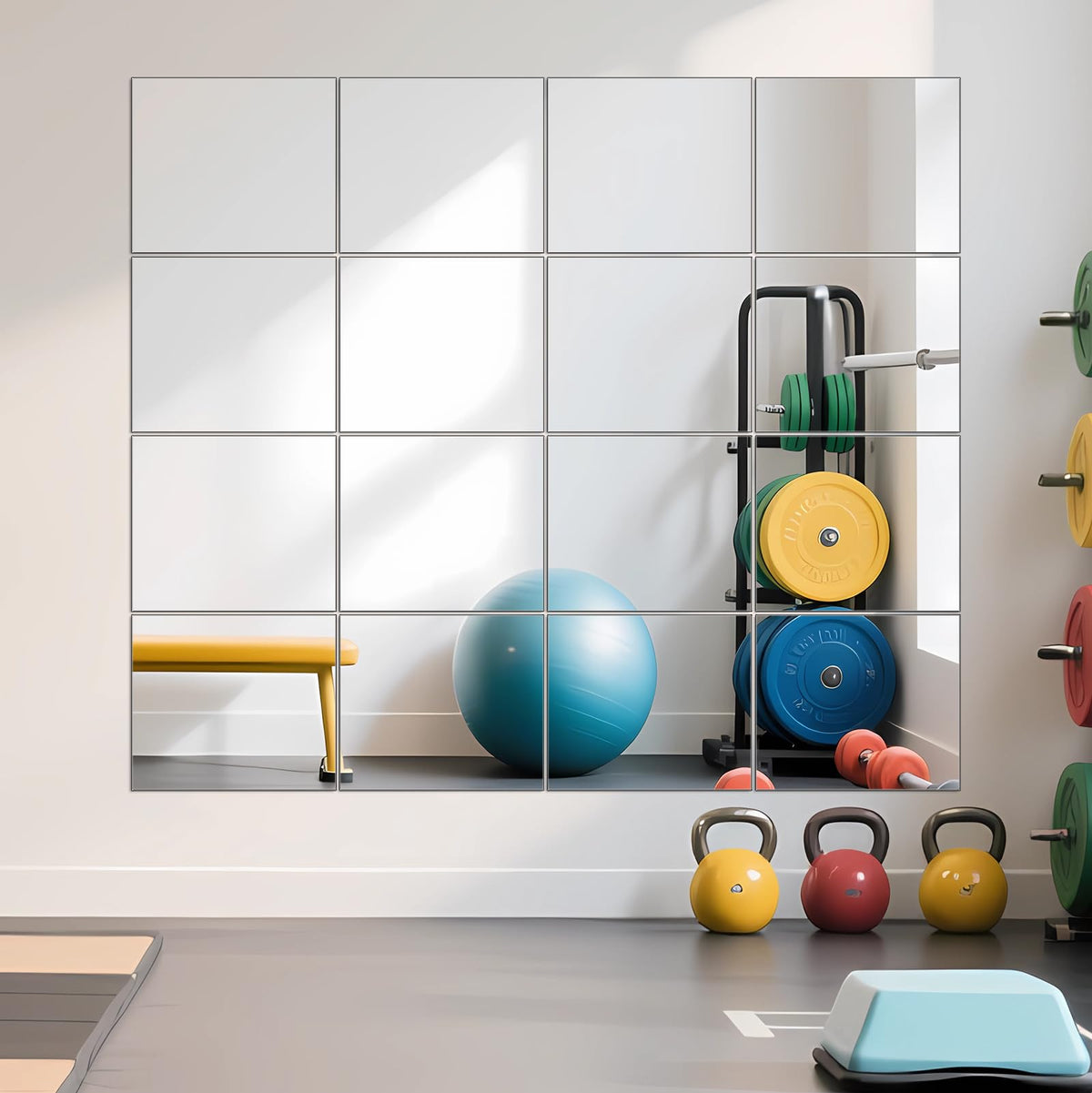 Ruomeng Home Gym Mirrors 12 Inch x 12Pcs Wall Mounted Mirror Glass Frameless Full Length Mirror Tiles for Home Gym, Bedroom, Door & Bathroom