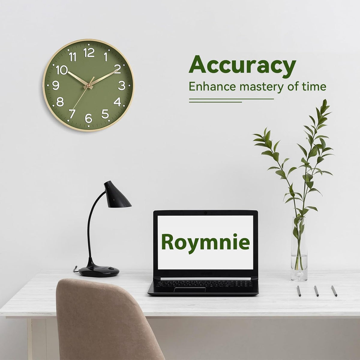 Roymnie 8 Inch Wall Clock, Battery Operated Silent Non Ticking Green Analog
