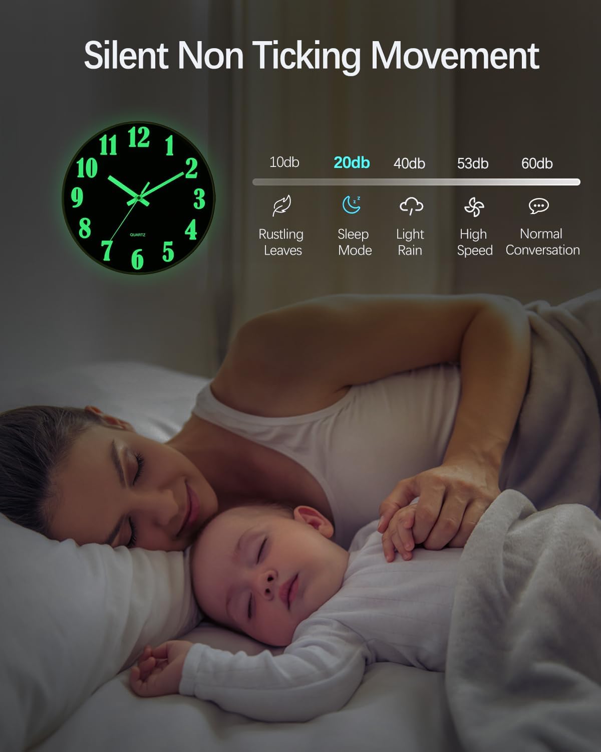 JoFomp Glow in The Dark Clock, 8 Inch Modern Silent Non Ticking Wall Clocks Battery Operated, Night Light Wall Clock for Living Room Decor, Wall Clock Decorative for Kitchen Bedroom