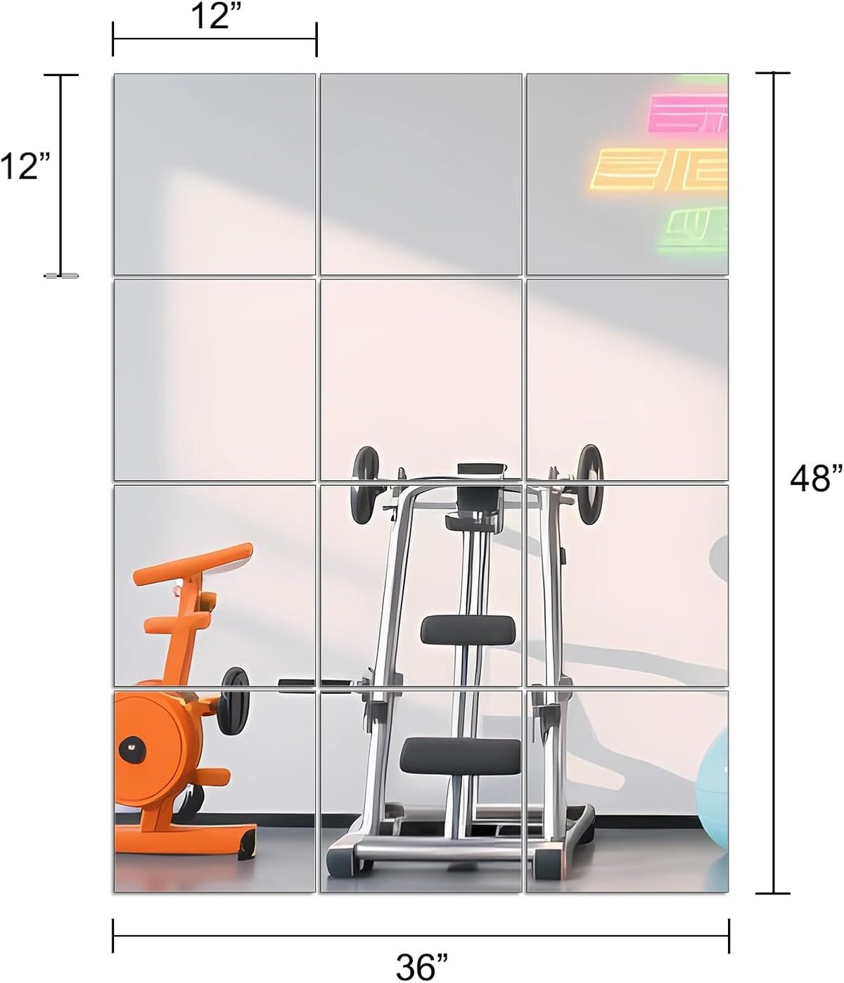 Ruomeng Home Gym Mirrors 12 Inch x 12Pcs Wall Mounted Mirror Glass Frameless Full Length Mirror Tiles for Home Gym, Bedroom, Door & Bathroom