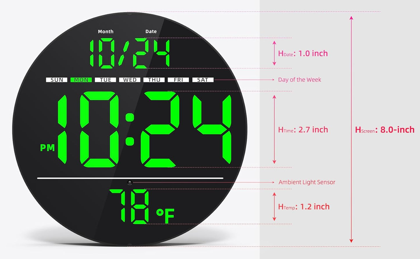 Digital Wall Clock with Large LED Display, Date, Temperature, Auto-Brightness | Small [PLUG-IN] Clock | Modern Electric Wall Clock for Bedroom, Classroom, Living Room, Home, Office, Farmhouse – Green