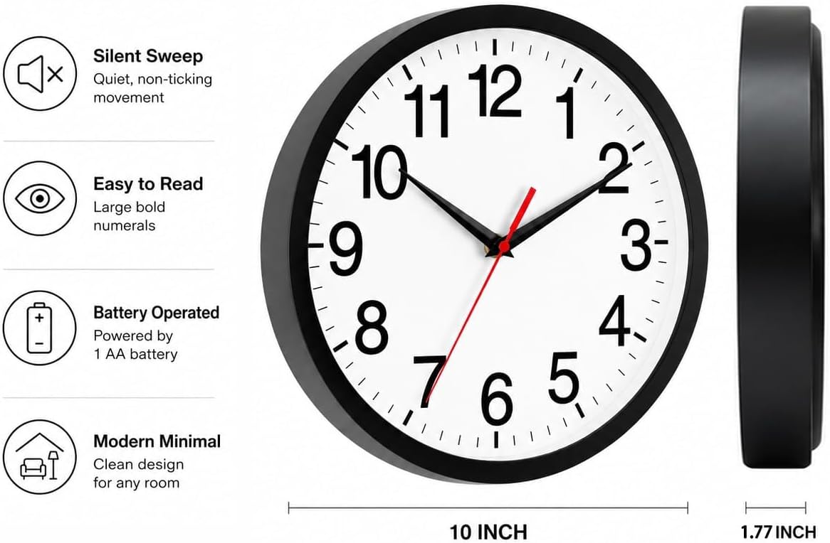 Rohioue Wall Clock Analog 10 Inch Black Battery Operated Silent Clock