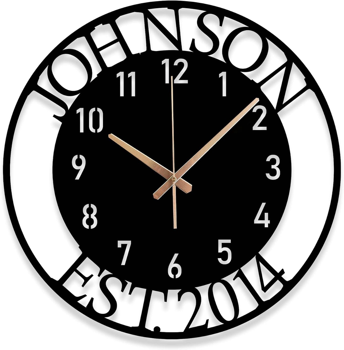 Custom Large Metal Wall Clock, Personalized Last Name and Established Year, Silent Non-Ticking Steel Clock, Family Decor for Living Room, Wedding, Anniversary or Housewarming Gift