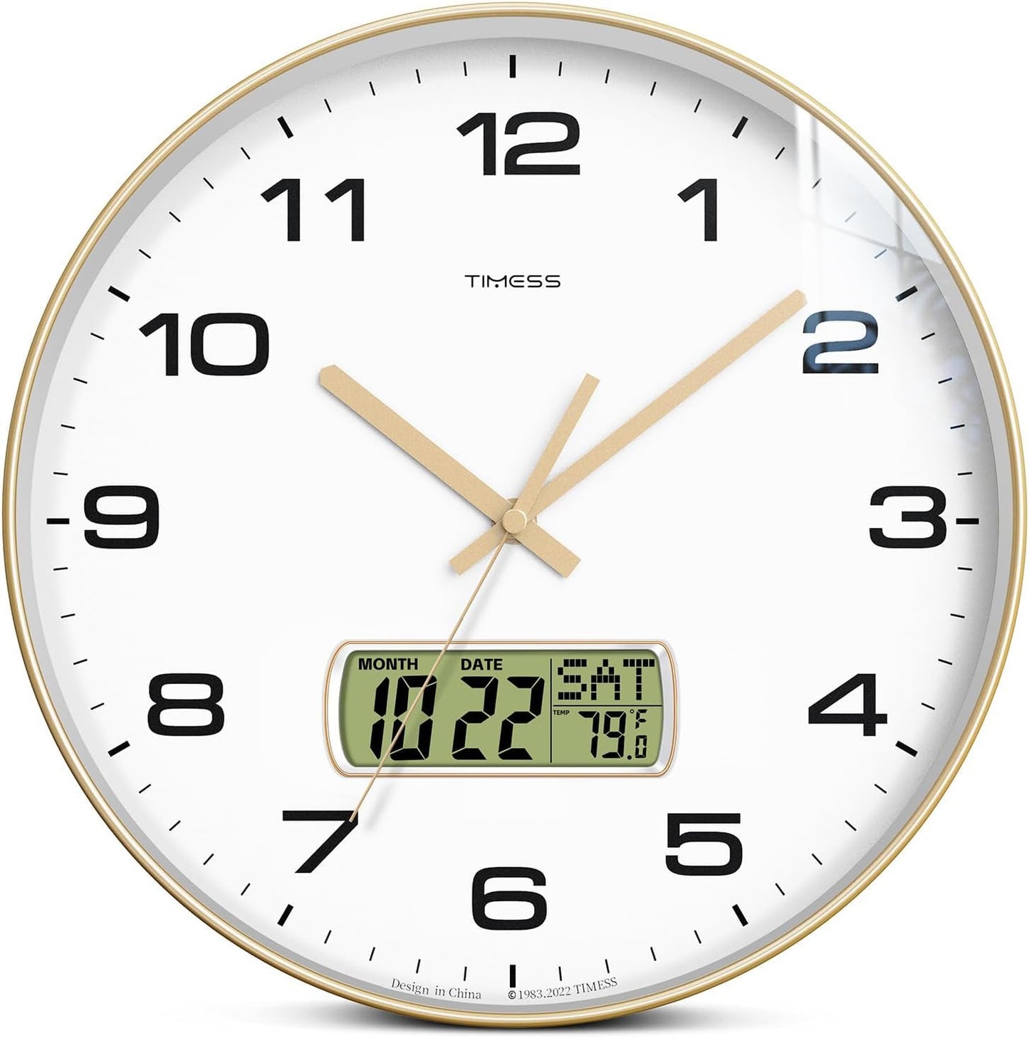 TIMESS 10-Inch Non-Ticking Analog Wall Clock with LCD Display, Blue