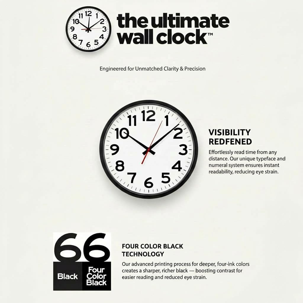 Ultimate Wall Clock 14" Quartz Wall Clock, Black, Easy-to-Read Display