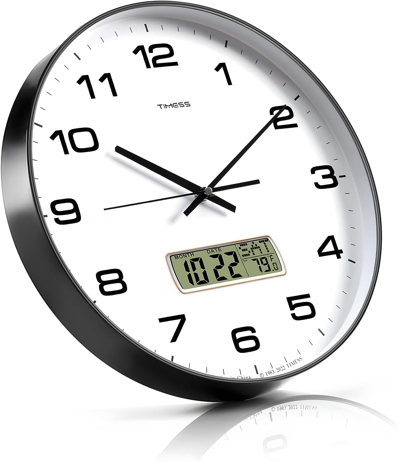 TIMESS Wall Clock, 10" Dial Non-Ticking Silent Battery Operated Analog with LCD Display for Perpetual Calendar and F° Temperature, Ideal Modern Home, Bedroom, Kitchen, Office Decor (Black)