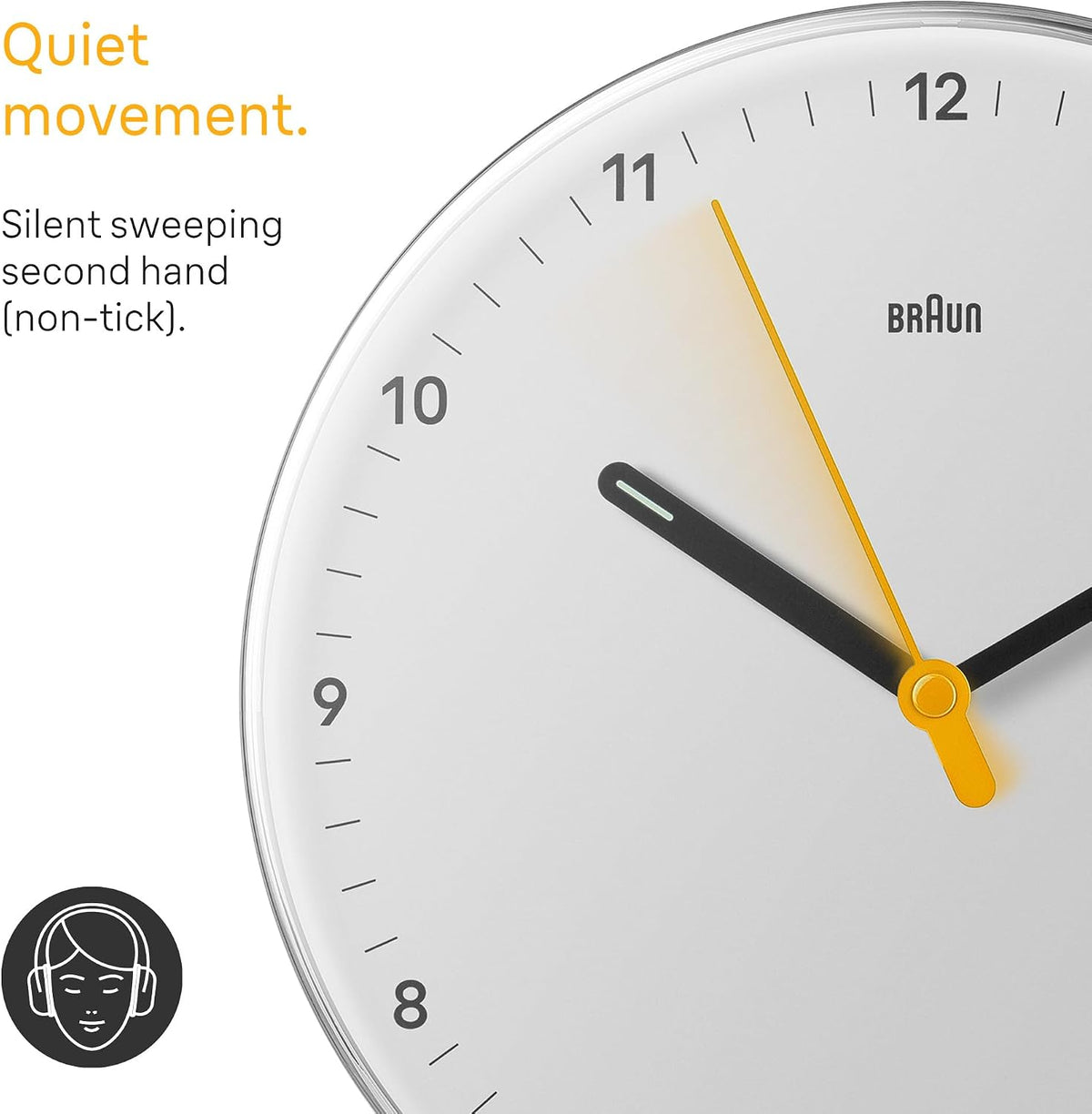 Braun Classic Analogue Wall Clock with Silent Sweeping Quartz Movement, Easy to Read, 23cm Diameter in White, Model BC26W.
