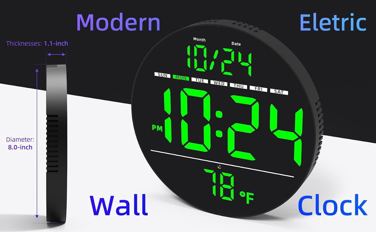 Digital Wall Clock with Large LED Display, Date, Temperature, Auto-Brightness | Small [PLUG-IN] Clock | Modern Electric Wall Clock for Bedroom, Classroom, Living Room, Home, Office, Farmhouse – Green