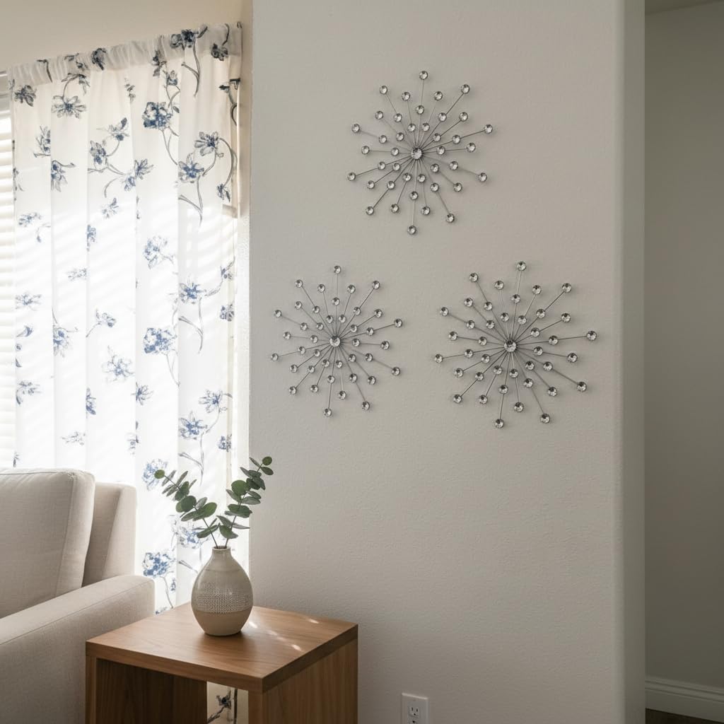 ZEXUIRU 3 Set Silver Starburst Wall Art for Home Decor Metal Bling Crystal Rhinestones Sunburst Wall Decor Sparkling Rhinestone Art Accent Silver - 13in