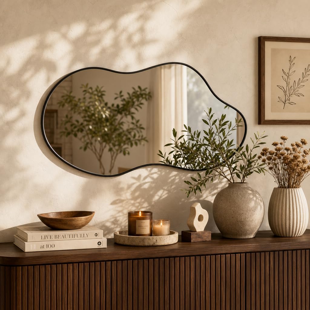 Irregular Wall Mirror 24×40 Inch Wall Mirrors Decorative Black Modern Asymmetrical Abstract Mirror for Bathroom Bedroom Living Room Entryway Hallway
