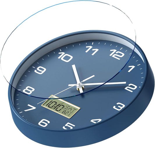 12 Inch Wall Clock, Silent Non-Ticking Analog with LCD Display, Battery Operated, Perpetual Calendar, Date, Weekday & Temperature (°C/°F), Tempered Glass for Living Room, Bedroom, Kitchen, Office
