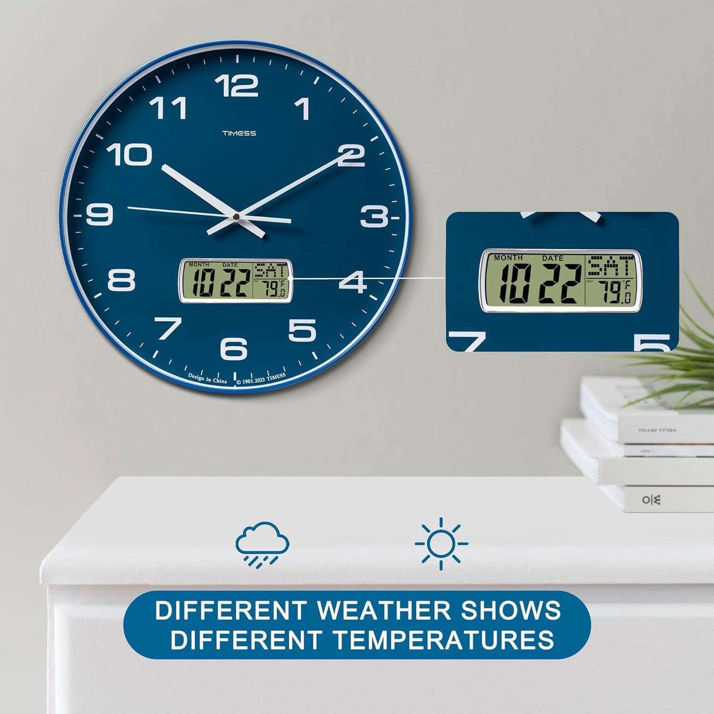 TIMESS 10-Inch Non-Ticking Analog Wall Clock with LCD Display, Blue