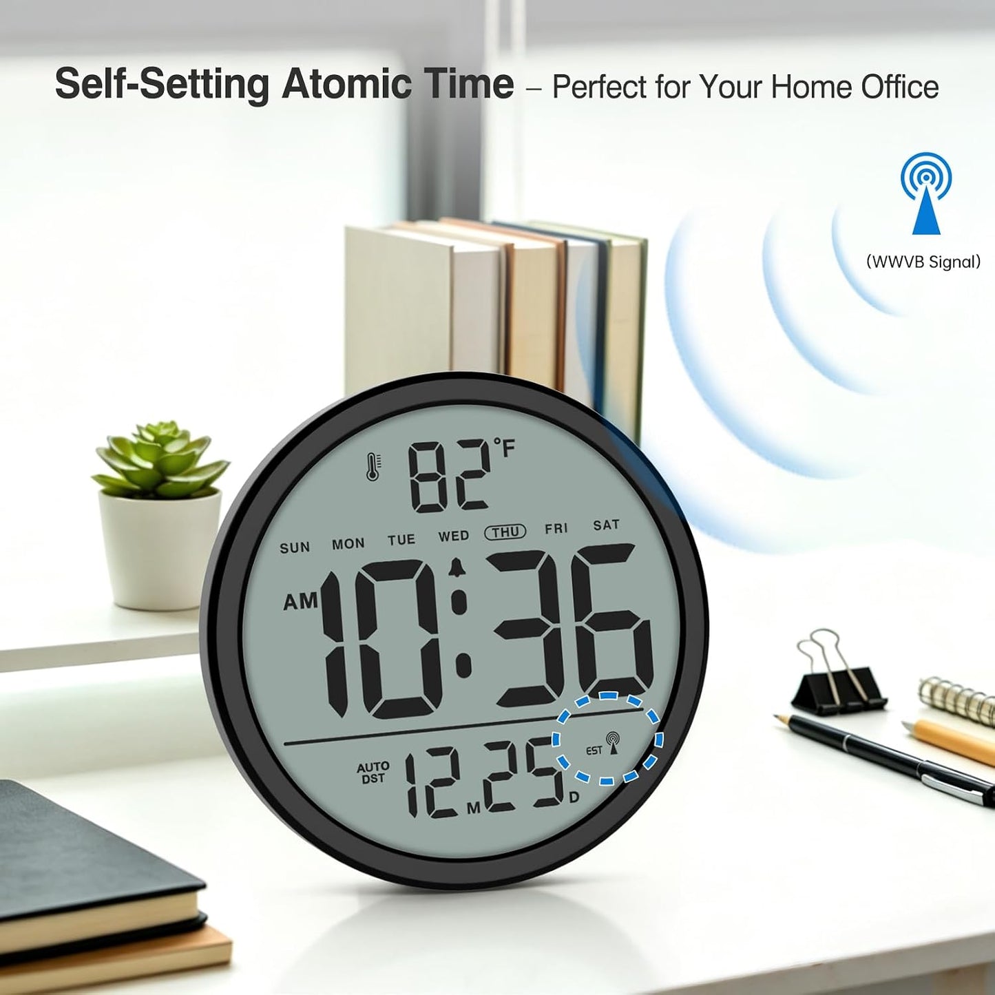 WallarGe Digital Atomic Wall Clock Battery Operated, 8 Inch Large Display