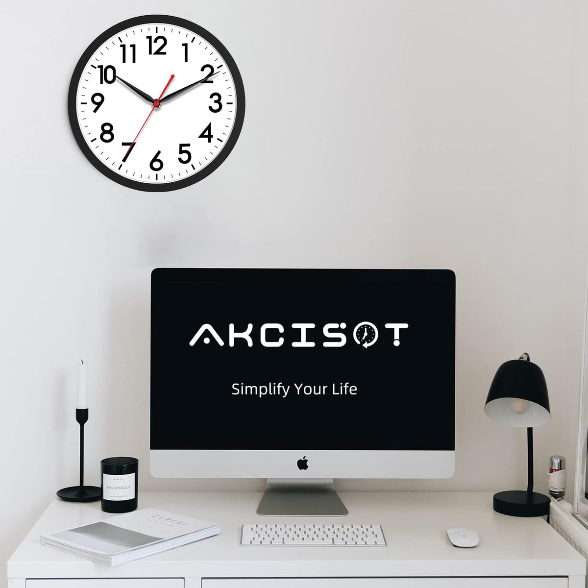 AKCISOT 12 Inch Wall Clock, Silent Battery Operated Analog Clock, Black