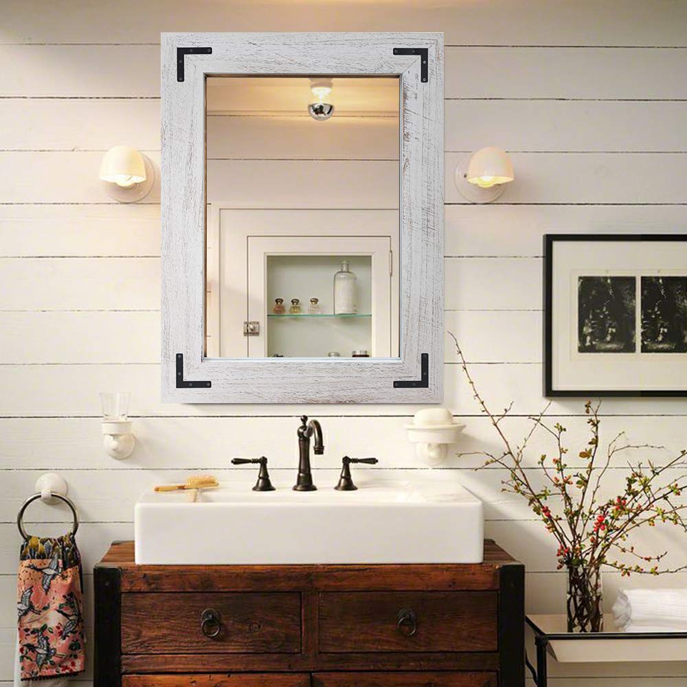YOSHOOT Rustic Wooden Framed Wall Mirror, Natural Wood Bathroom Vanity Mirror for Farmhouse Decor, Vertical or Horizontal Hanging (26" x 18", Brown)