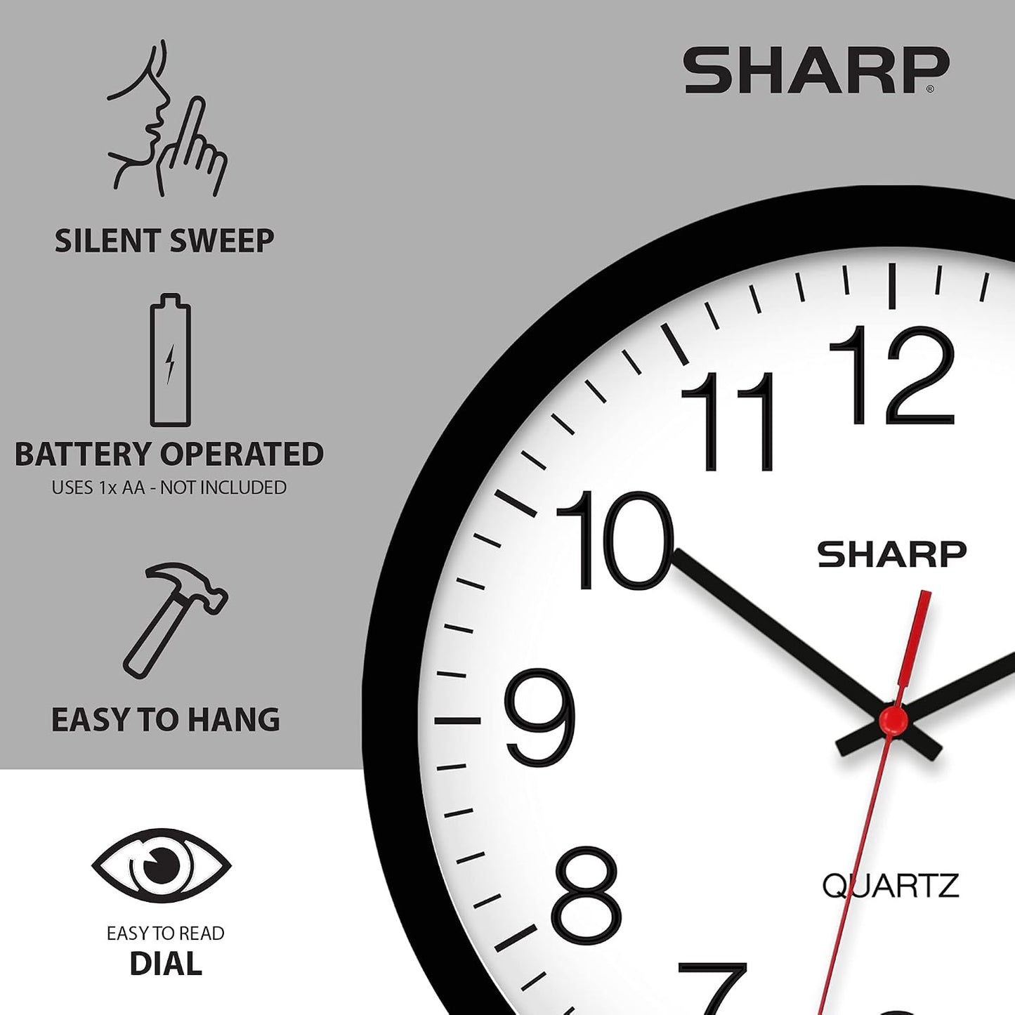Sharp 14-Inch Battery Wall Clock, Silent Non-Ticking, Easy-Read, Black