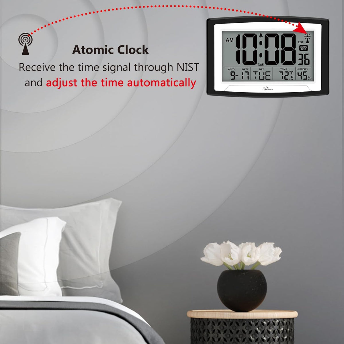 WallarGe 12.5 Inch Atomic Clock with Indoor Temperature and Humidity