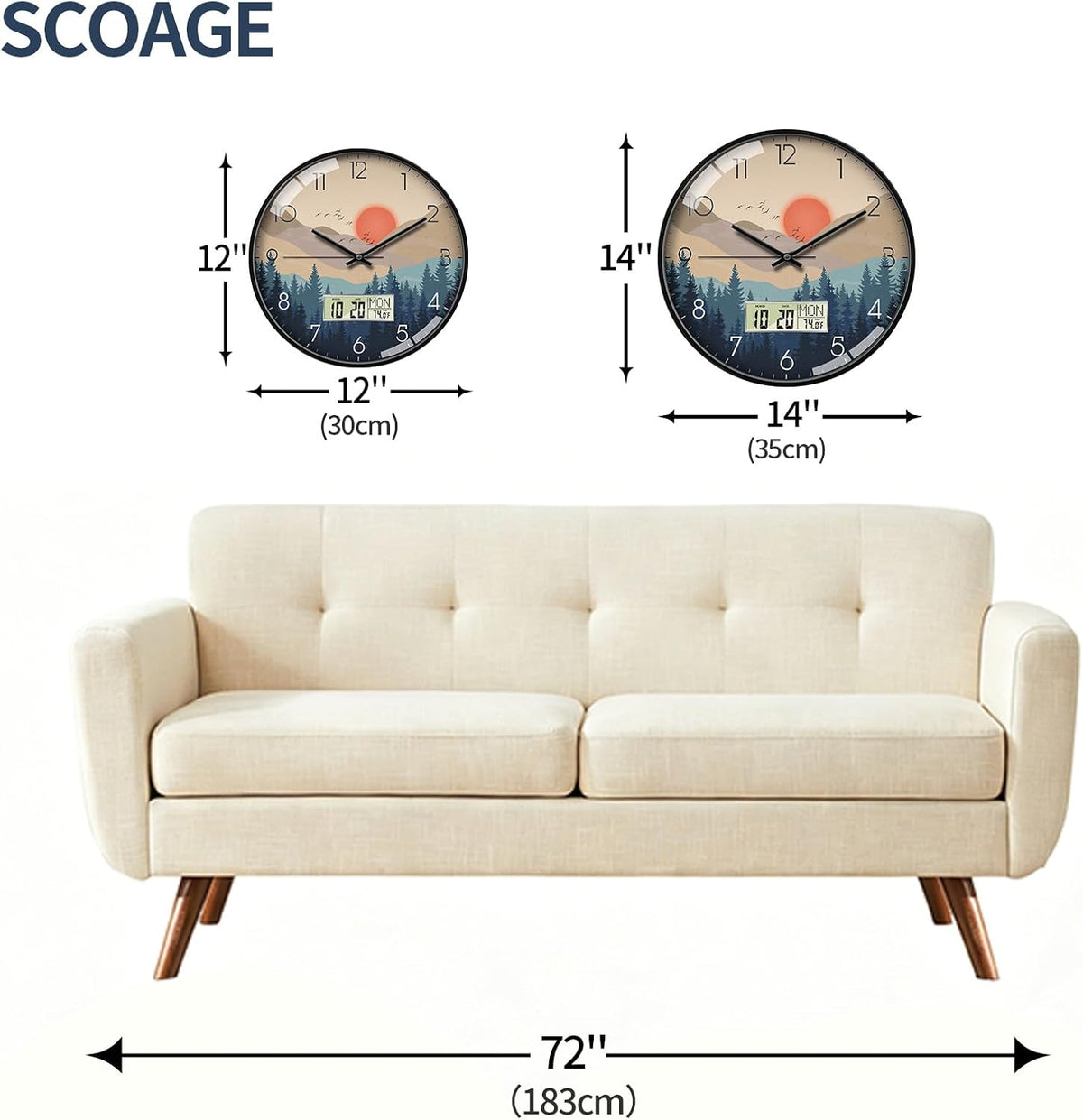 12" Wilderness Sunset Wall Clock, Analog Clock with Digital Display